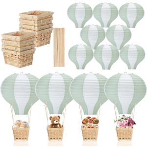 Meooeck 8 Sets Hot Air Balloons Baby Shower Table Decorations Centerpieces 11.8'' Paper Lanterns with Baskets Sticks for Gender Reveal Birthday Wedding Graduation Party (Sage Green with White)