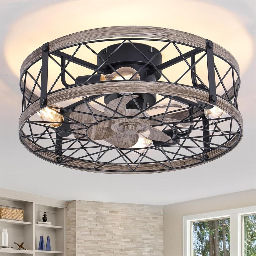 24" Farmhouse Caged Ceiling Fans with Lights Flush Mount, Rustic Low Profile Ceiling Fan with Light and Remote, Quiet Reversible DC Motor Bladeless Enclosed Ceiling Fan for Bedroom Kitchen Dining Room