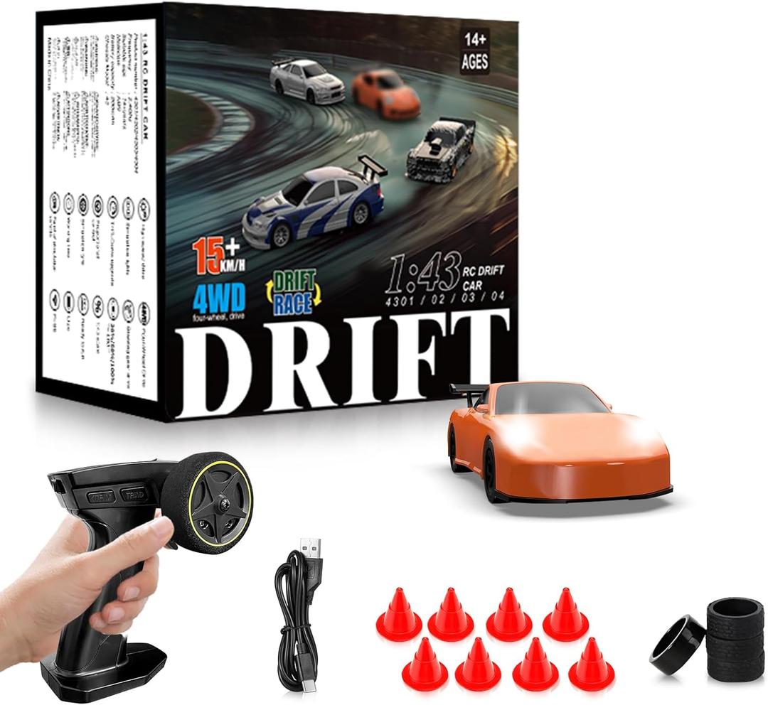 RC Drift car, 1/43 Mini Rc Drift car with Gyroscope, 2.4GHz Full Proportional Remote control Cars, 4WD High Speed Racing with Lights, Racing Tires, Model Cars Gift for Adults, Kids, Boys, Girls (Orange)