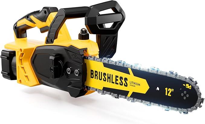 Brushless Cordless Chainsaw Electric 12 Inch Compatible with Dewalt 20V Max Battery Power, No Battery Included 45Ft/s High-Efficiency Chainsaw for Garden, No Installation Required, Yellow