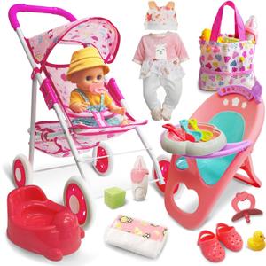 Baby Doll Stroller Set Toys for Girls Toddlers 3-5 4-6 5-7 Gifts, 12.2" Baby Doll Accessories with 2 Set Doll Clothes, Dining Chair, Baby Stroller Toys for Accessories Pretend Play