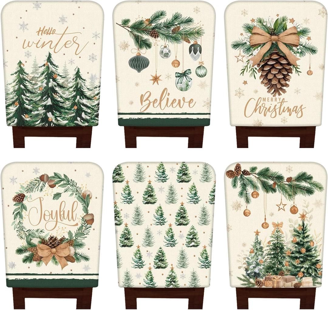6 Pcs Christmas Chair Covers Winter Wonderland Chair Back Covers Vintage Xmas Seat Slipcovers Washable Winter Dining Room Seat Protector for Home Hotel Kitchen Decorations