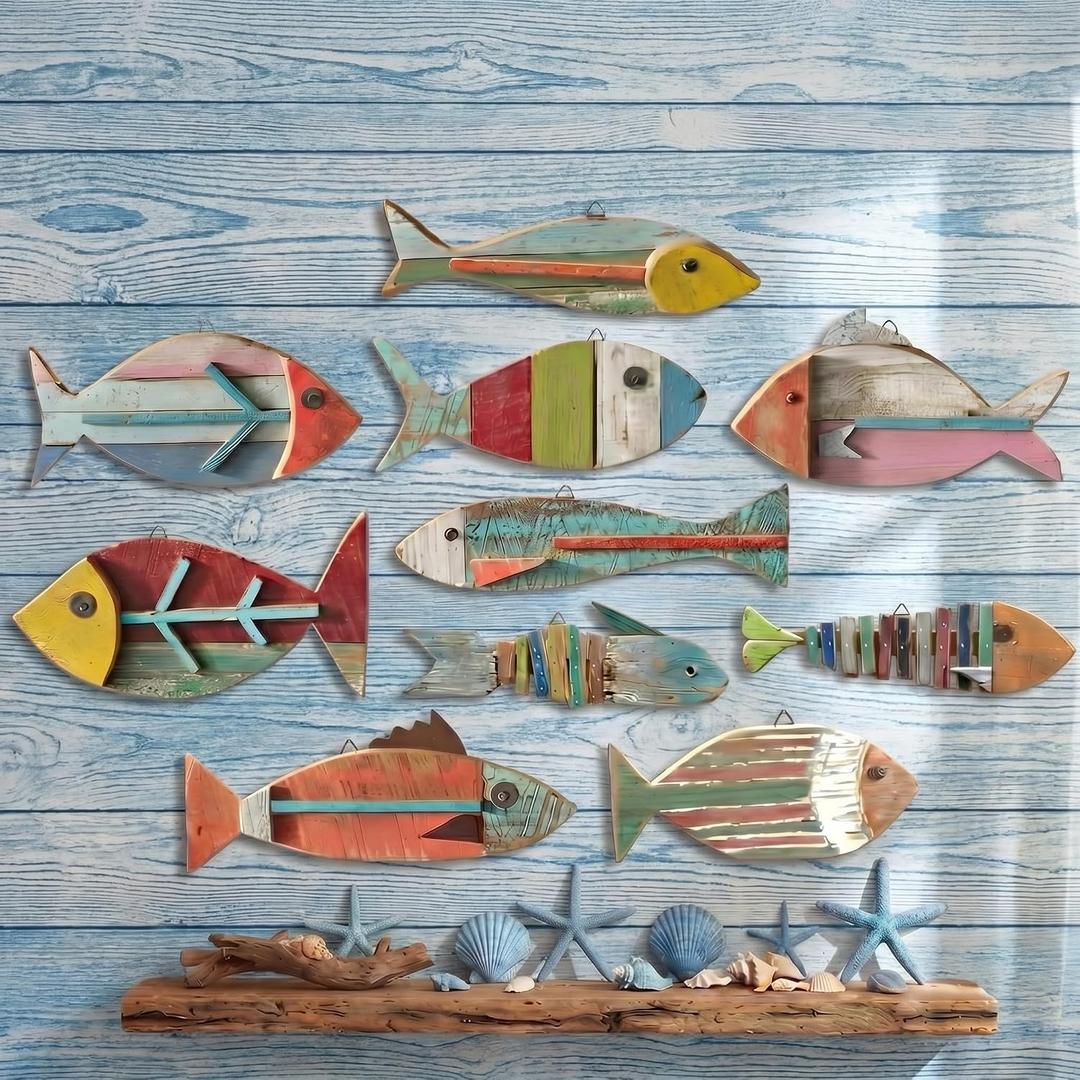 Yuntau 10 Pcs Wooden Fish Wall Decor Wood School of Fish Coastal Wall Decor Beach Wall Art for Home Nautical Theme Bathroom Hanging Decorations Gifts, Flat Printing Not 3D Pattern
