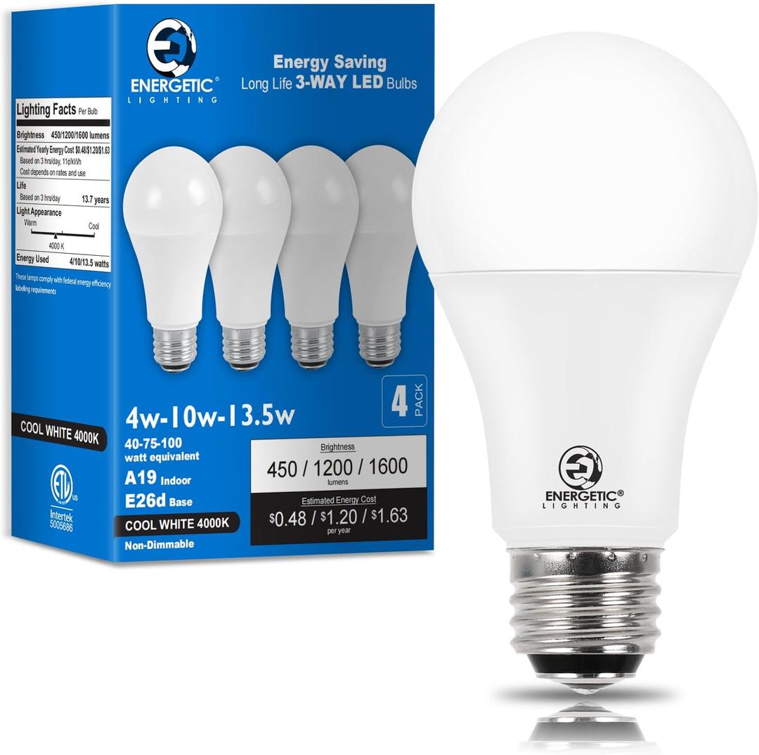 4-Pack 3 Way LED Light Bulbs 40 75 100W Equivalent, Cool White 4000K A19 3 Way Light Bulb, E26 Base, 450-1200-1600lm Three Way Light Bulbs for Reading, ETL Listed