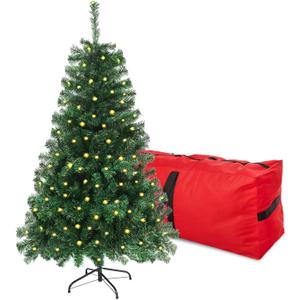 4FT Pre-Lit Green Christmas Tree, Small Artificial Holiday Fir Xmas Tree with 450 PVC Branch Tips, 150 Warm Lights, Foldable Base for Home, Party Decoration