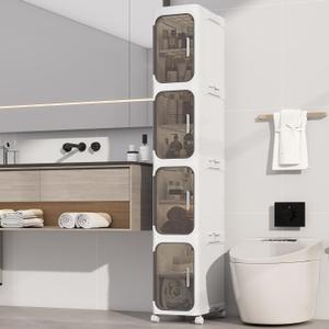 Neathub 4-Tiers Slim Bathroom Storage Cabinet, Foldable Storage Cabinets,Narrow Bathroom Storage,Movable Bathroom Storage Organizer for Small Spaces,Bathroom,Kitchen,Laundry,White