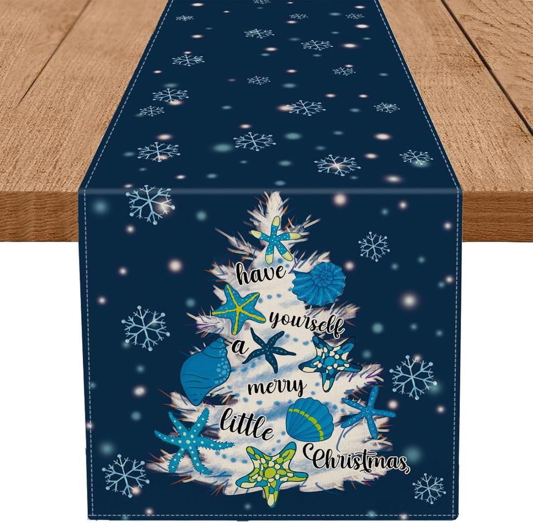 Coastal Christmas Decorations Table Runner Christmas Tree Snow Starfish Shell Ocean Beach Themed Winter Xmas Kitchen Dining Home Decor 13x60 Inch