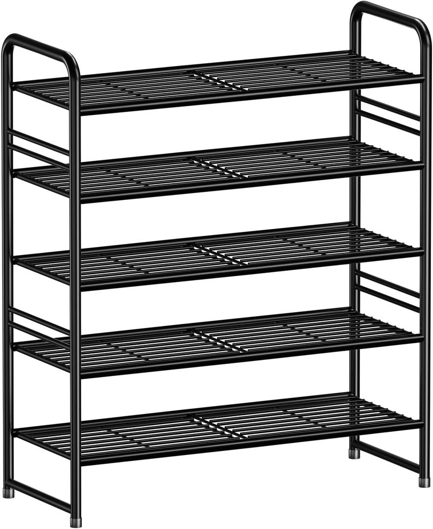 SUFAUY Shoe Rack for Closet, 5 Tier 33" Wide Shoe Storage Shelf for Entryway Bedroom, Stackable, Metal Frame, Black