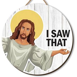 2 x Funny Christmas Wooden Wreaths for Front Door Gag Xmas Welcome Sign White Elephant Gifts for Adults Jesus Christmas Decorations for Home