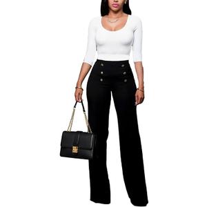 Women's Stretchy High Waisted Wide Leg Button-Down Pants Sailor Bell Flare Trousers (XL, Black)