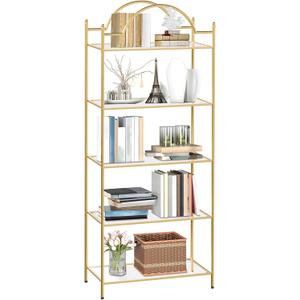 5 Tier Metal Book Shelf for Storage, Gold and Glass Bookshelf, 13"D x 26"W x 66.3"H