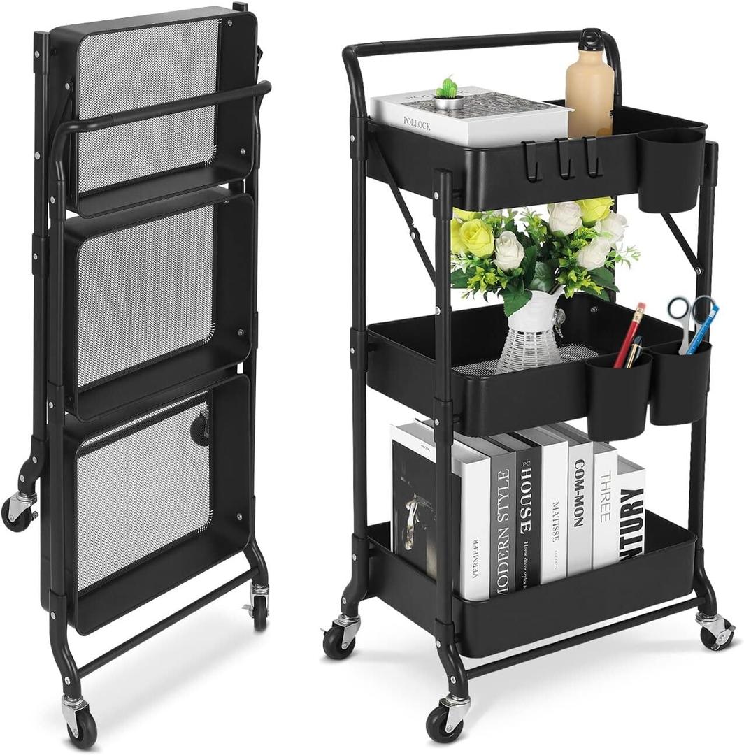 johgee Foldable 3 Tier Metal Utility Rolling Cart, Folding Mobile Multi-Function Storage Trolley Organizer Cart for Home Library Office(Black)