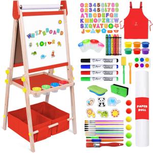 Joyooss Art Easel for Kids Easel for Toddlers,Adjustable Standing Wooden Toddler Easels Magnetic Double Sided Drawing Whiteboard & Chalkboard,Art Easels for Kids Age 2-4 4-8 Gift Red