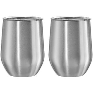 Oggi Cheers 'Celebrate Collection' Stainless Steel Insulated Wine Tumbler - Silver Sparkle, 12oz, with Clear Slider Lid (Pack of 2)
