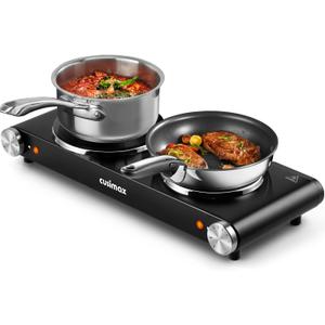 CUSIMAX Double Hot Plates Electric Burner, 1800W Countertop Cooktop with Adjustable Temperature Control, Hot Plates for Cooking Portable Electric Stove, Black Stainless Steel Cooktop, Upgraded Version