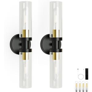 10000mAh Wireless Wall Sconces Set of 2, Rechargeable Battery Operated Wall Lights Remote Control Black & Gold No Hardwired Timer Dimmable Glass Wall Sconce for Living Room Bedroom Entryway, 16.5 Inch