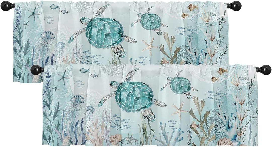 Emvency 2 Pack Valances Window Treatments, Summer Ocean Turtle Sea Teal Starfis Blackout Drapes Adjustable Curtain for Windows Living Room Kitchen Over Sink, 18x52 Inch Rod Pocket Valances