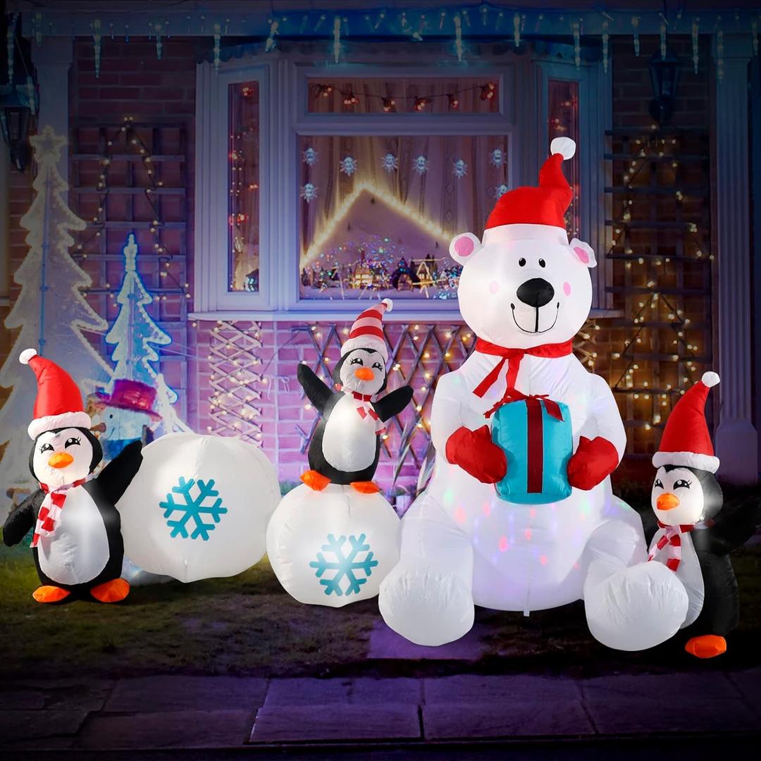 Inflatable Christmas Decorations, SHDEJTG 10FT Snowman Polar Bear Snowball Blow Up Christmas Decorations Outdoor with Colorful Rotating LED Lights, Giant Inflation for Xmas Indoor Lawn Garden