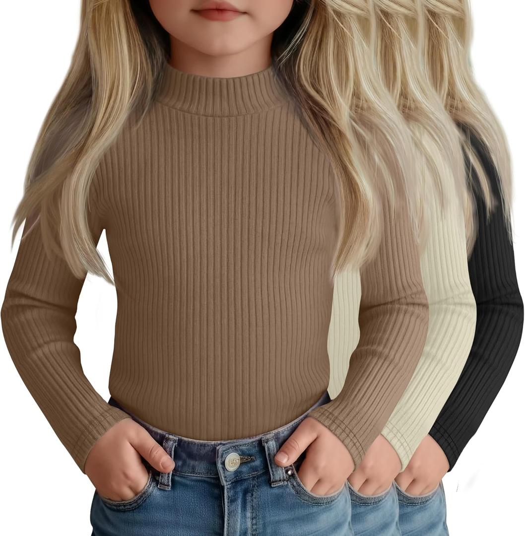 3 Pack Girls' Ribbed Long Sleeve Shirts Cotton Mock Turtleneck Tops Tag Free Knit Base Layer Tee Casual Undershirts (11-12 Years, Black, Mocha, Cream)