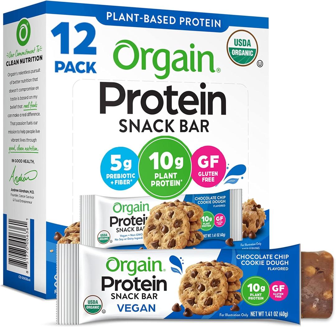 Orgain Organic Vegan Protein Bars, Chocolate Chip Cookie Dough - 10g Plant Based Protein, Low Calorie Healthy Snacks, No Lactose or Soy Ingredients, Gluten Free, Non-GMO - 1.41 Oz (Pack of 12) BBD: 07/02/2025