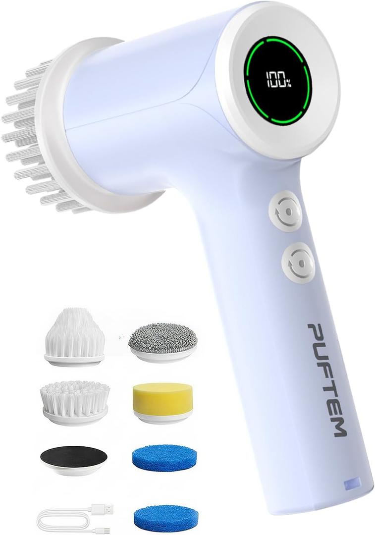 PUFTEM Shower Scrubber, Electric Spin Scrubber for Bathroom Cleaning Cordless Shower Cleaner Brush with 6 Brush Heads, Dual-Direction Rotation, for Grout, Tile, Tub, Sink & Corners, Purple
