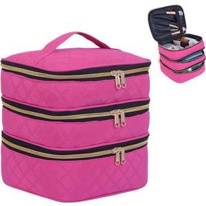 Three Layer Travel Makeup Bag Large Cosmetic Storage Organizer with Handle and Removable Divider (Wine)