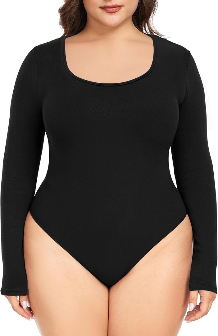 FOREYOND Plus Size Bodysuits for Women Long Sleeve Scoop Neck Body Suit Tops Casual Slim Fit Basic Leotards Shirts (XX-Large)