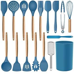 MIBOTE 17 Pcs Silicone Cooking Kitchen Utensils Set with Holder, Wooden Handles BPA Free Silicone Turner Tongs Spatula Spoon Kitchen Gadgets Utensil Set for Nonstick Cookware (Blue)