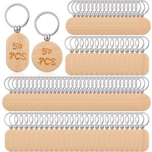 100 PCS Unfinished Wooden Keychain Blanks for Engraving, Wood Engraving Blanks Key Chain, DIY Wooden Key Ring Key Tag