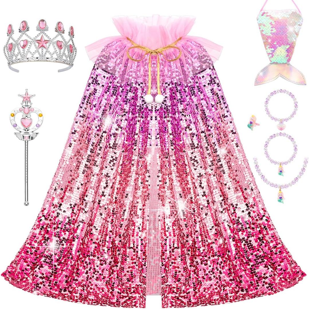 Meland Princess Dress Up for Girls 3-8, 11Pcs Mermaid Cape with Crown, Dress Up Clothes Birthday Gift Toys for Girls Toddlers (Red)