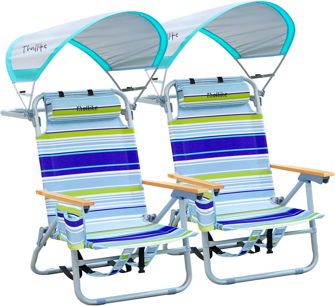 2 Pack Backpack Beach Chairs with Canopy Headrest Cooler Bag Cup Holder Towel Bar 4-Position Recline Wooden Armrests Aluminum Frame Folding Beach Chair for Adults Camping Supports 400 lbs