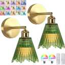 Vintage Battery Operated Wall Sconce with Green Crystal Grid Glass Lampshade Rechargeable Battery Powered Wall Light with Remote Control for Bedside Bedroom Bathroom, Set of 2