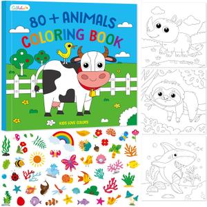 Coloring Activity Book, 50 Cute Coloring Pages with 200 Stickers, Dinosaur Farm/Marine/Wild Animal Scenes for Kids Relaxation, Comfy Day, Cozy Hygge Moment (8.3” x 8.3”)