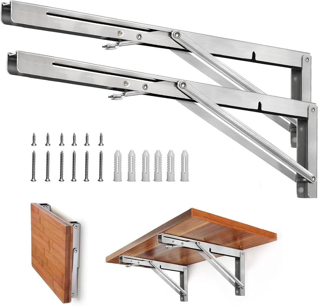 Storystore Folding Shelf Brackets - 24 Inch Heavy Duty Stainless Steel Collapsible Shelf Bracket for Bench Table, Space Saving DIY Bracket, Max Load: 550lb