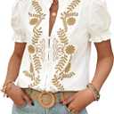 Women's Summer Tops 2025 Casual Ruffle V Neck Puff Short Sleeve Button Down Shirts Embroidered Blouses (X-Large, Apricot White)