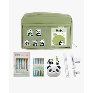 Kawaii Cute Aesthetic Pencil Case 11 PCS Set - Large Capacity Canvas Pen Pouch Bag, Contains 10 Kinds of Accessories Such As Pens, Clips, Rulers and Cute Panda Brooches, Stickers, Pendants
