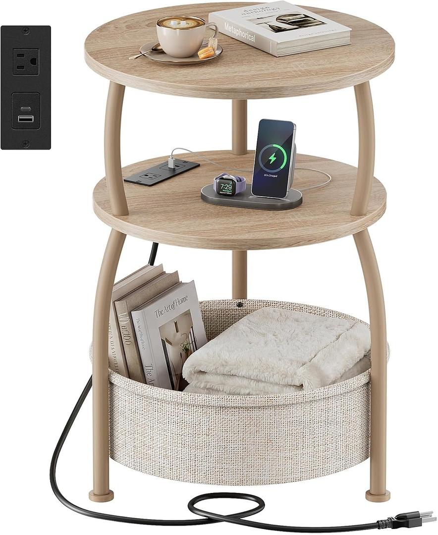 Round Side Table with Charging Station, USB Type C Port, Oak | End Table with Power Outlet,15.75 in Small Round Table with Basket, Space Saving, 3-Tier Small Table for Bedside, Sofa, 15.75" Dia with Power Strip