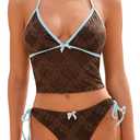 ZAFUL Women's Tankini Sets Halter String Tie Side Thong V Neck Bathing Suit Bowknot Lace Textured 2 Piece Swimsuit (L)
