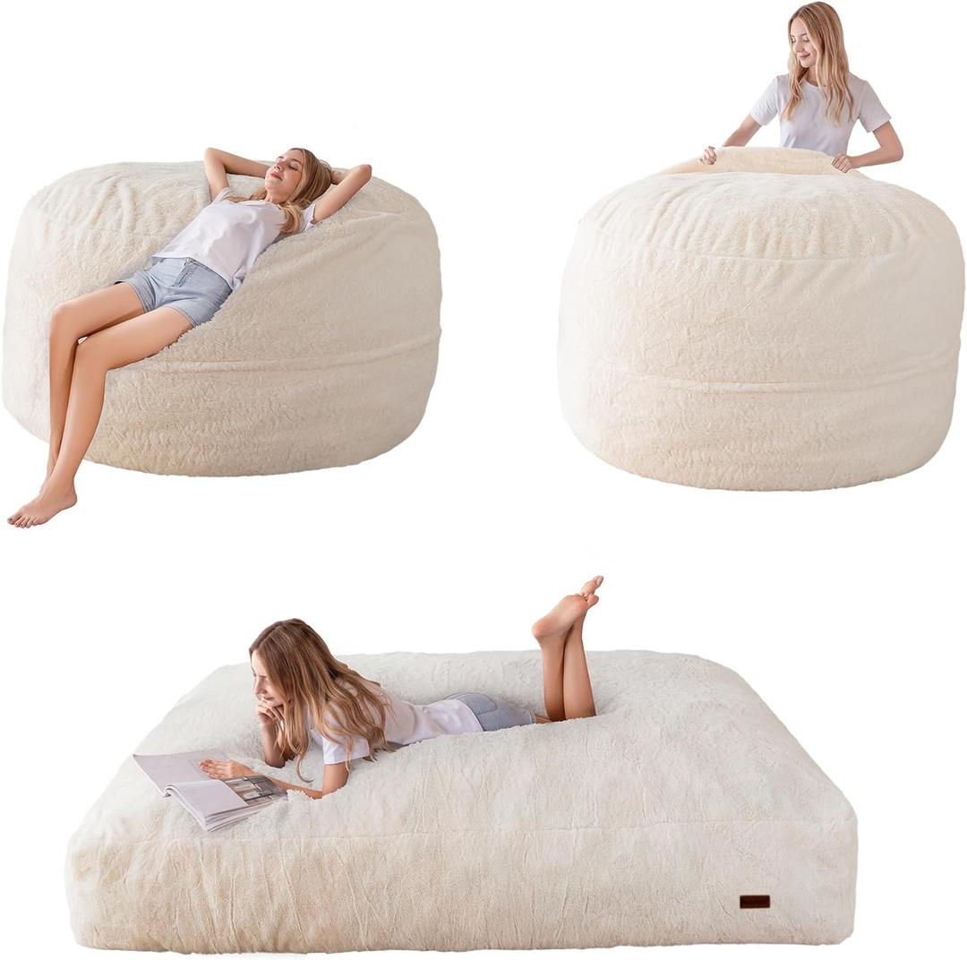 MAXYOYO Giant Bean Bag Chair Bed for Adults, Convertible Beanbag Folds from Lazy Chair to Floor Mattress Bed, Large Floor Sofa Couch, Big Sofa Bed, High-Density Foam Filling, Machine Washable (Full, Beige)
