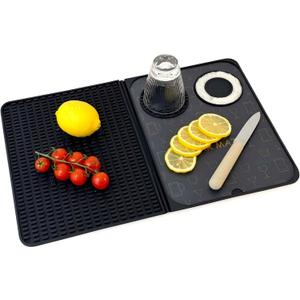 Bar Mat, Bar Accessories, Multifunctional Folding Cocktail Mat with Cutting Board, 18" X 12"(Black) Drying Mats,Bar Mat for Countertop,Bar Decorations for Home , Outdoor Bar Accessories ,Travel