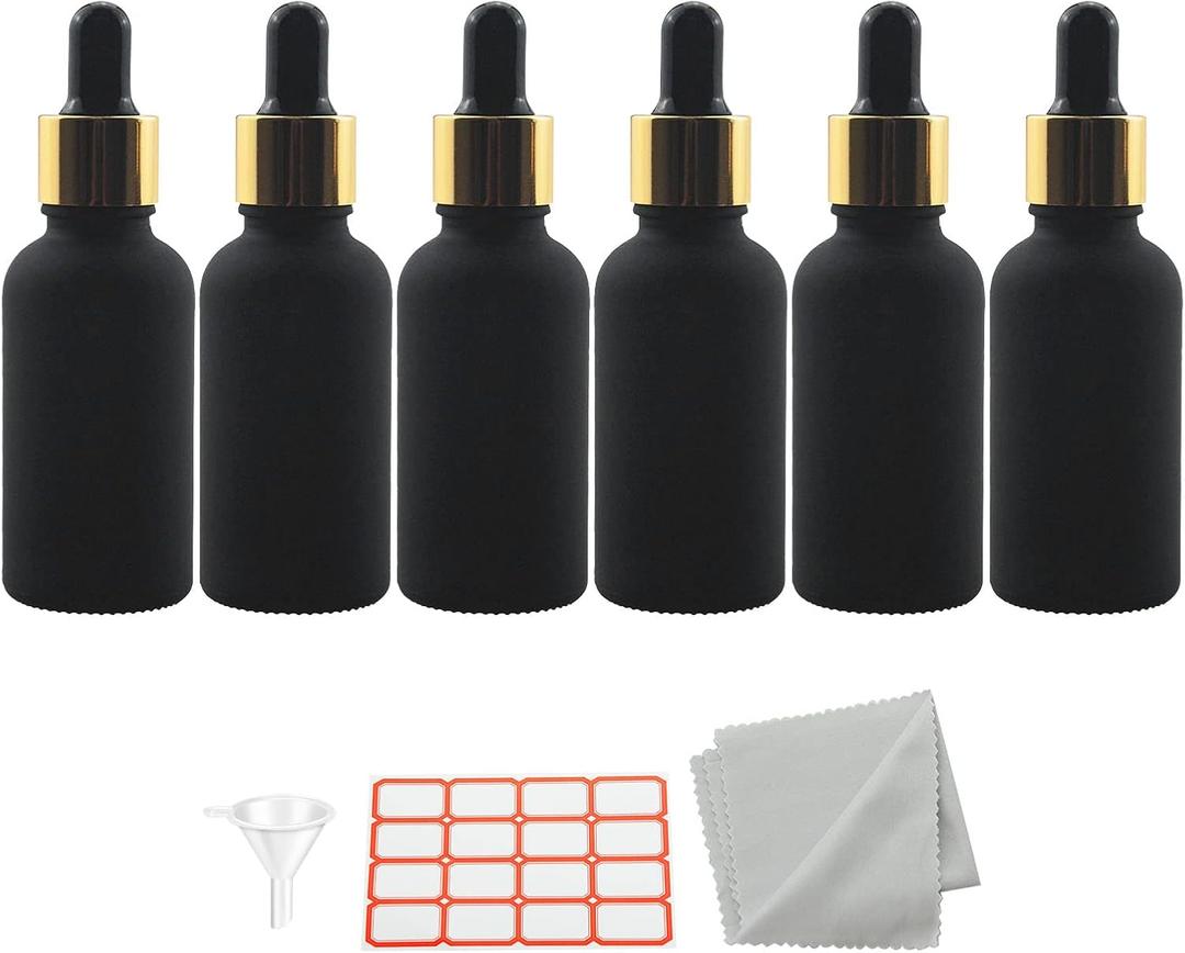6 PCS 1oz (30ml) Black Frosted Glass Dropper Bottles Perfume Aromatherapy Cosmetic Container Essential Oils Sample Empty Dropper Bottles with Funnel Include