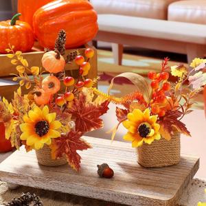 2 Pcs Thanksgiving Fall Table Decorations Centerpiece for Table Maple Leaf Fall Decor for Home Artificial Flower Pumpkin with Rattan Flower Basket for Indoor Thanksgiving Gifts(Vivid Style)