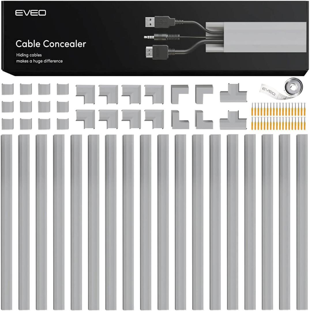 EVEO Cord Hider - 306 Cord Cover Wall Cable Hider, Cable Concealer, Wire Hiders for TV on Wall. Cable Management, Cord Hider Wall Cable Raceway Wire Covers for Cords -18X (L17 W0.95 H0.5) - Grey (Medium)