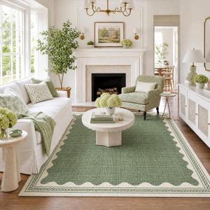 GarveeHome Scalloped Sage Green Washable Area Rug 6x9 Rugs for Living Room Soft Low-Pile Solid Modern Minimalism Thin Carpet for Bedroom Dining Nursery Non Slip