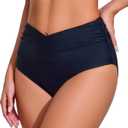 COCOPEAR V-Cross High Waisted Bikini Bottoms Tummy Control Full Coverage Bikini Bottoms for Women (Black, L)