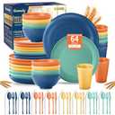 Wheat Straw Dinnerware Sets,64-Piece Plates and Bowls Sets for 8-Unbreakable,Reusable Plastic Dish Set-Dinner Plate/Dessert Plate/Cereal Bowl/Cup/Utensils-Dishwasher Safe 64P-JadePeak Lake Sunset