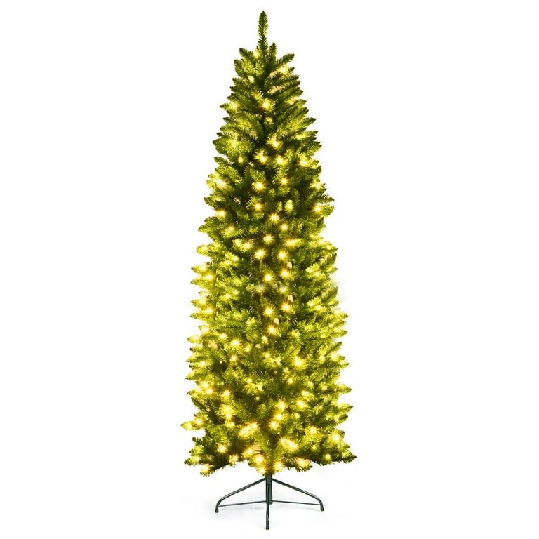 7Ft Pre-lit Artificial Pencil Christmas Tree Hinged Fir PVC Tree /350 LED Lights