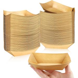 Oomcu 150 Pack 1/2 lb Disposable Kraft Brown Paper Food Boats Hot Dog Trays Bulk -Small Recyclable Serving Boats for Party Snacks, French Fries,Nachos, Tacos, BBQ,Take Out Food,Mini Pancakes Supplies