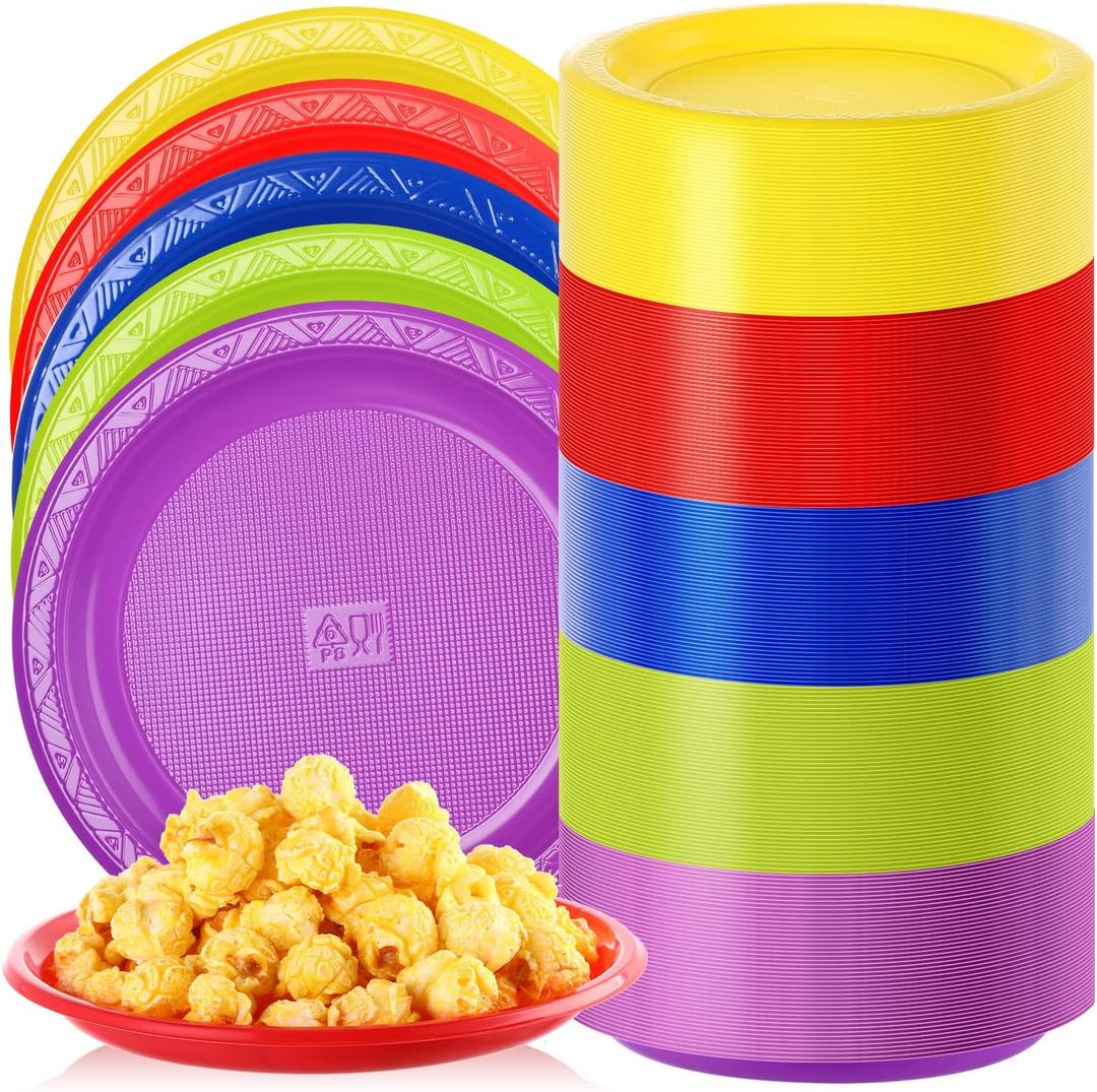 Gerrii 100 Packs Colorful Plastic Plates 10'' Round Disposable Colorful Party Plates Bulk for Dinner Party Event Weddings Birthdays, 5 Colors