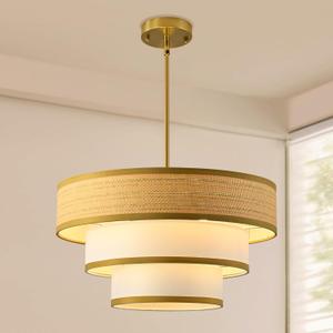 20" Golden Drum Chandelier with White Linen Lampshade 4-Light Modern Farmhouse Chandelier Light Fixture for Dining Room, Kitchen Island, Foyer, Entryway Bedroom